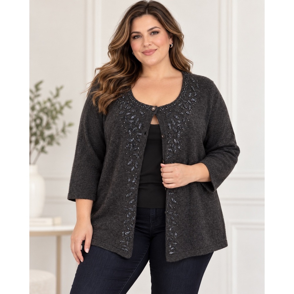 Marina Luna Woman Charcoal Gray 100% Merino Wool Beaded Cardigan Sweater 2X